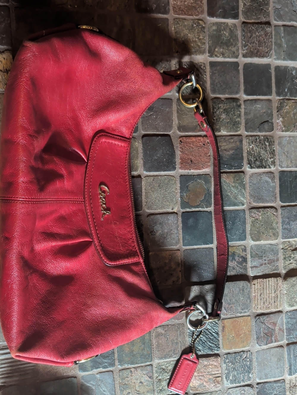 Coach Red Leather Shoulder Hobo with Gold Hardware